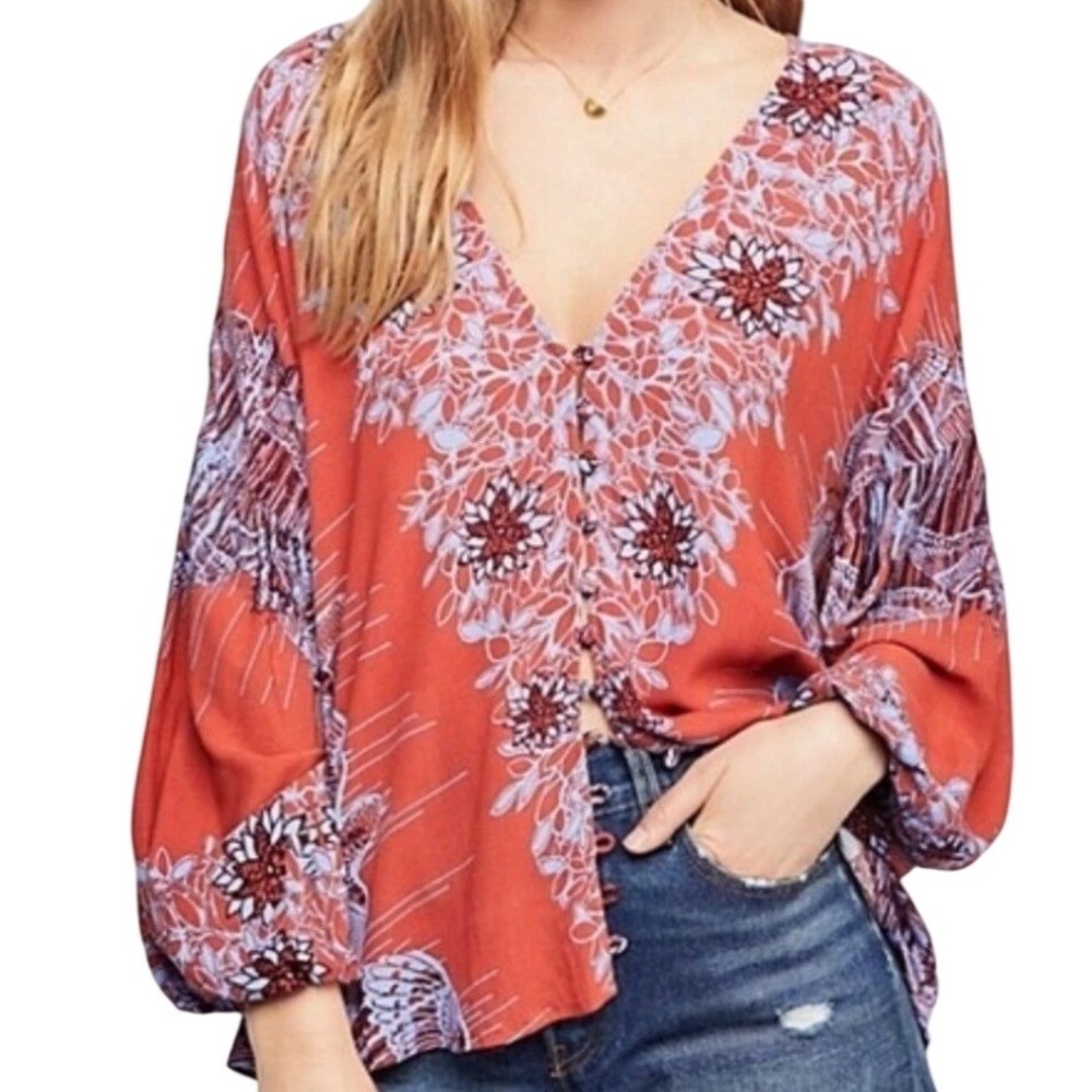 Free People Birds of A Feather Boho V-Neck Balloon Sleeve Blouse Top Size Small‎